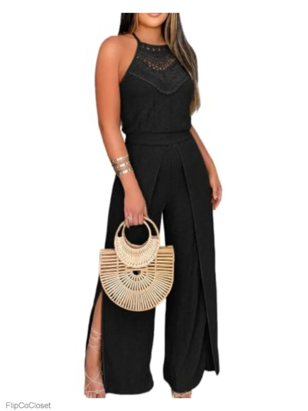 Women's Eyelet Halter Jumpsuit High Waist Wide Leg One Piece Outfit